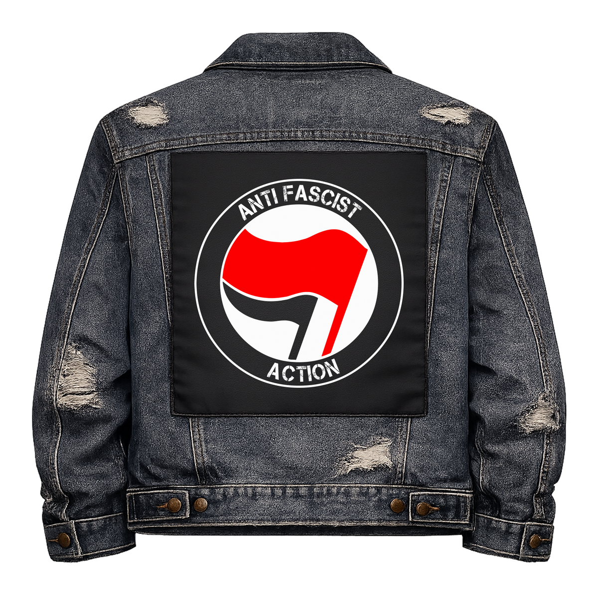 Anti Fascist Action Full Colour Back Patch shown on the back of a distressed denim jacket: classic red and black antifa flags roundel, reading "ANTI FASCIST ACTION"