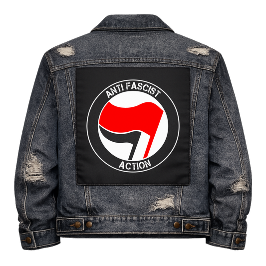 Anti Fascist Action Full Colour Back Patch shown on the back of a distressed denim jacket: classic red and black antifa flags roundel, reading "ANTI FASCIST ACTION"