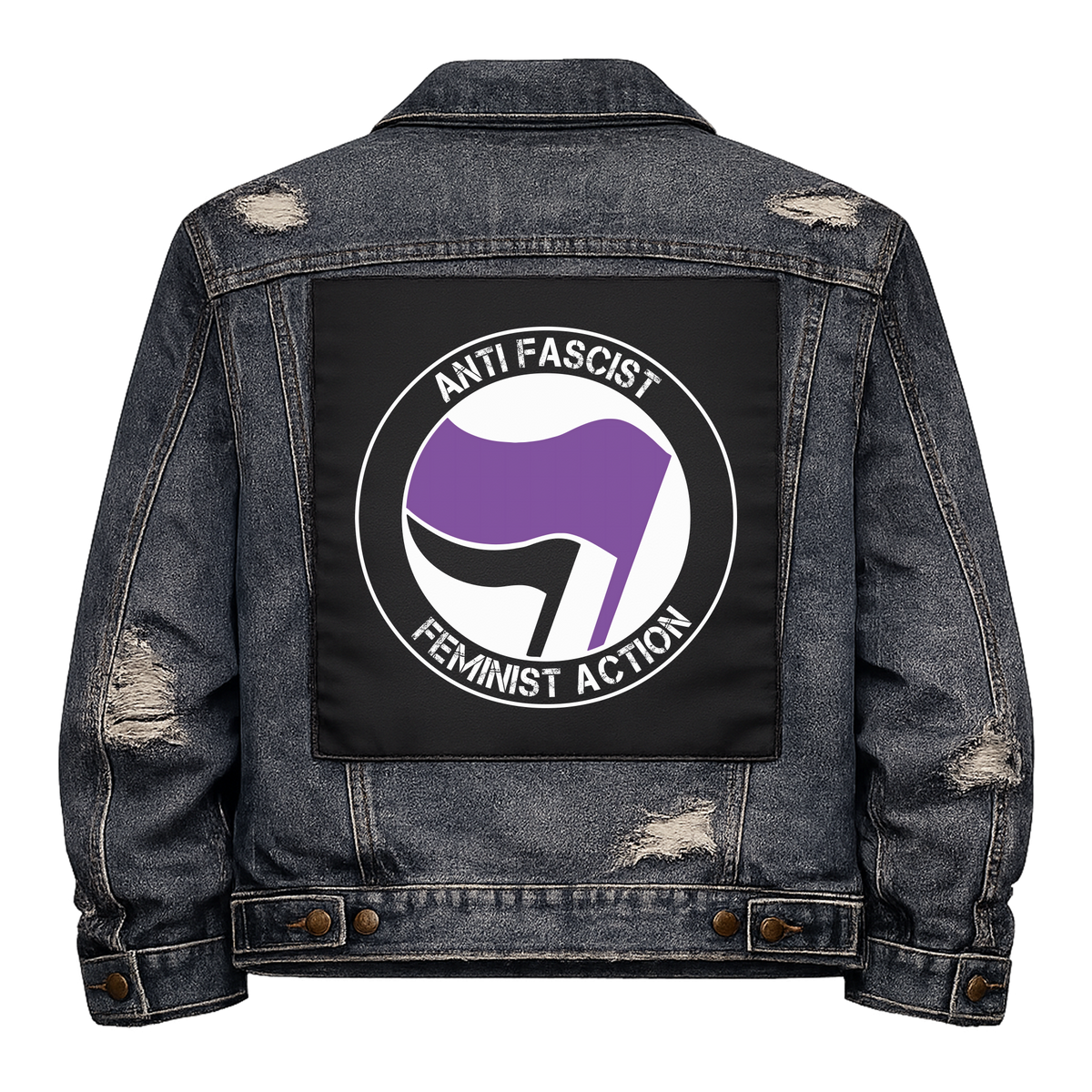 Anti Fascist Feminist Action Full Colour Back Patch shown on the back of a distressed denim jacket: antifa-style roundel with purple and black flags, reading "ANTI FASCIST FEMINIST ACTION"