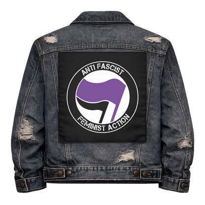 Anti Fascist Feminist Action Full Colour Back Patch shown on the back of a distressed denim jacket: antifa-style roundel with purple and black flags, reading "ANTI FASCIST FEMINIST ACTION"