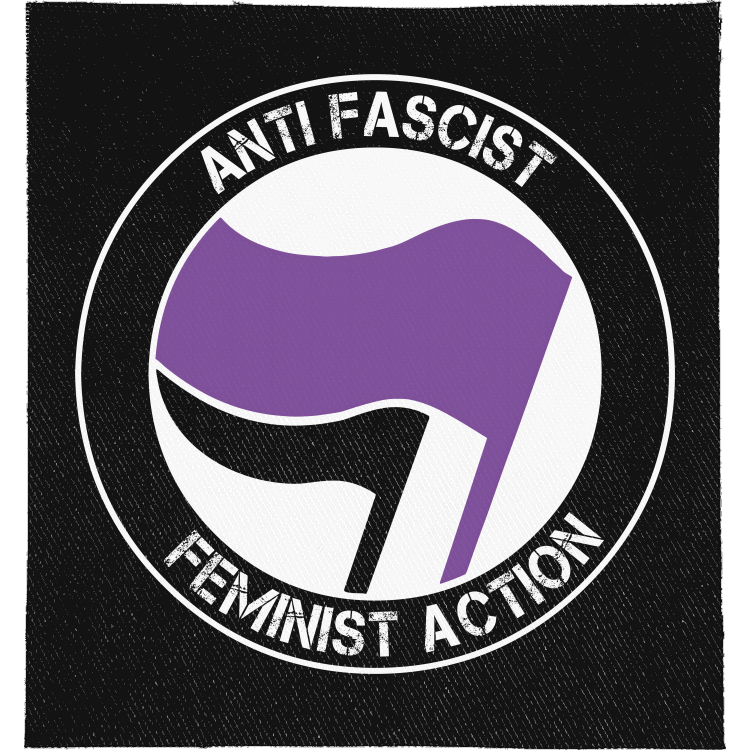 Anti Fascist Feminist Action Full Colour Patch: antifa-style roundel with purple and black flags, reading "ANTI FASCIST FEMINIST ACTION"