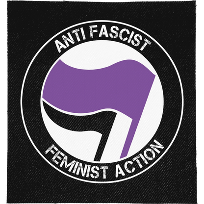 Anti Fascist Feminist Action Full Colour Patch: antifa-style roundel with purple and black flags, reading "ANTI FASCIST FEMINIST ACTION"
