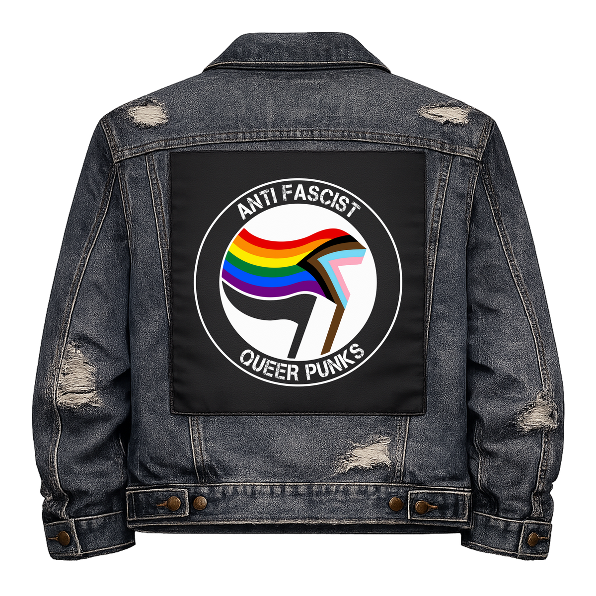 Anti Fascist Queer Punks Full Colour Back Patch shown on the back of a distressed denim jacket: antifa-style roundel with a progress pride flag and a black flag, reading "ANTI FASCIST QUEER PUNKS"