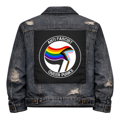Anti Fascist Queer Punks Full Colour Back Patch shown on the back of a distressed denim jacket: antifa-style roundel with a progress pride flag and a black flag, reading "ANTI FASCIST QUEER PUNKS"