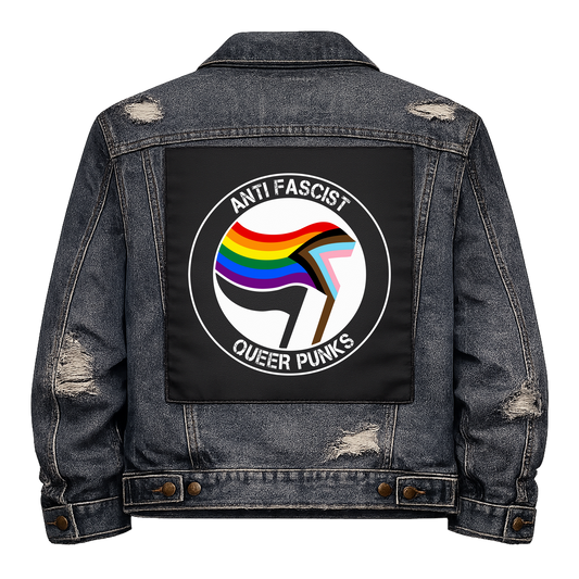 Anti Fascist Queer Punks Full Colour Back Patch shown on the back of a distressed denim jacket: antifa-style roundel with a progress pride flag and a black flag, reading "ANTI FASCIST QUEER PUNKS"