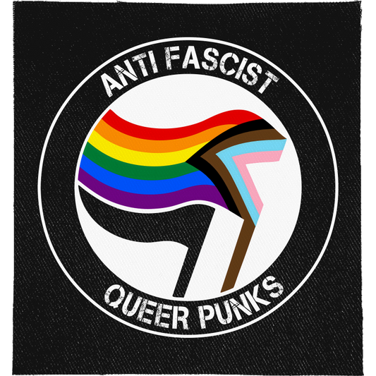 Anti Fascist Queer Punks Full Colour Patch: antifa-style roundel with a progress pride flag and a black flag, reading "ANTI FASCIST QUEER PUNKS"
