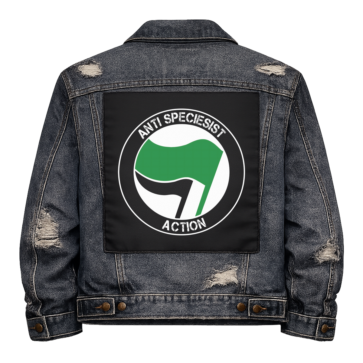 Anti Speciesist Action Full Colour Back Patch shown on the back of a distressed denim jacket: antifa-style roundel with green and black flags, reading "ANTI SPECIESIST ACTION"