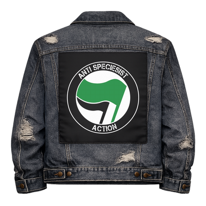 Anti Speciesist Action Full Colour Back Patch shown on the back of a distressed denim jacket: antifa-style roundel with green and black flags, reading "ANTI SPECIESIST ACTION"