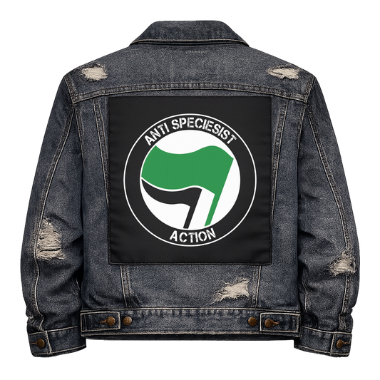 Anti Speciesist Action Full Colour Back Patch shown on the back of a distressed denim jacket: antifa-style roundel with green and black flags, reading "ANTI SPECIESIST ACTION"
