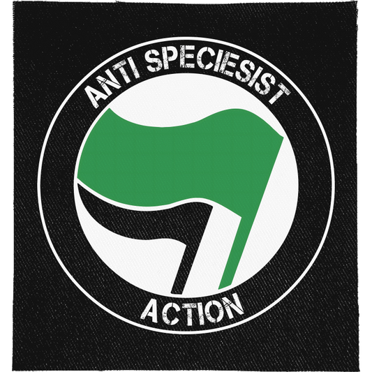 Anti Speciesist Action Full Colour Patch: antifa-style roundel with green and black flags, reading "ANTI SPECIESIST ACTION"