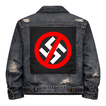 Anti Swastika Full Colour Back Patch shown on the back of a distressed denim jacket: swastika inside a red no symbol