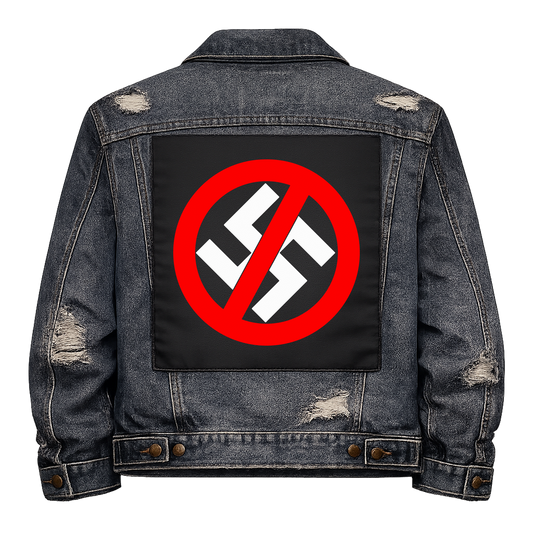 Anti Swastika Full Colour Back Patch shown on the back of a distressed denim jacket: swastika inside a red no symbol