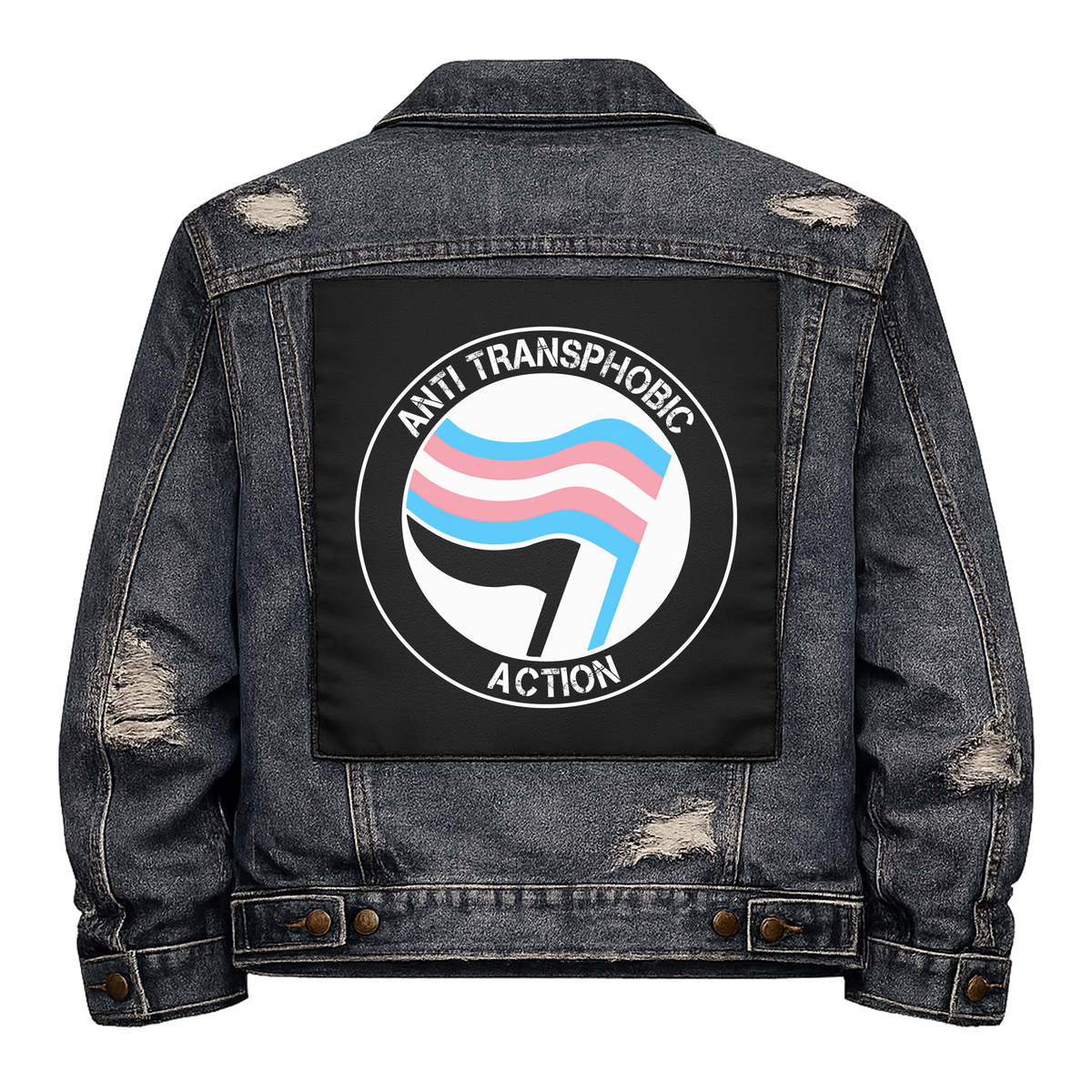 Anti Transphobic Action Full Colour Back Patch shown on the back of a distressed denim jacket: antifa-style roundel with two trans flags, reading "ANTI TRANSPHOBIC ACTION"