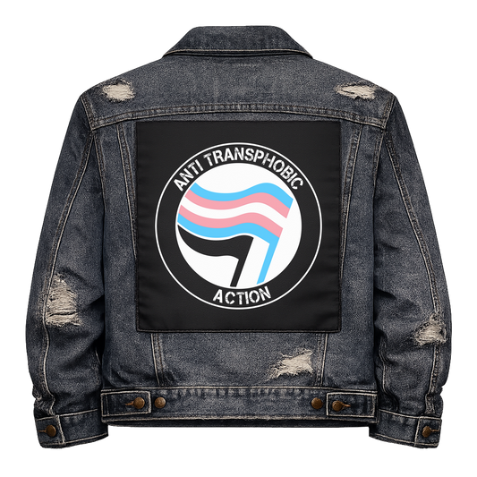 Anti Transphobic Action Full Colour Back Patch shown on the back of a distressed denim jacket: antifa-style roundel with two trans flags, reading "ANTI TRANSPHOBIC ACTION"