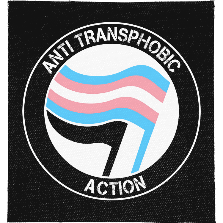 Anti Transphobic Action Full Colour Patch: antifa-style roundel with two trans flags, reading "ANTI TRANSPHOBIC ACTION"