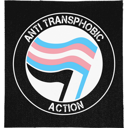 Anti Transphobic Action Full Colour Patch: antifa-style roundel with two trans flags, reading "ANTI TRANSPHOBIC ACTION"