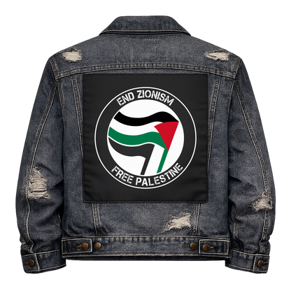 Antifa End Zionism Free Palestine Full Colour Back Patch shown on the back of a distressed denim jacket: antifa-style roundel with Palestinian flags, reading "END ZIONISM FREE PALESTINE"