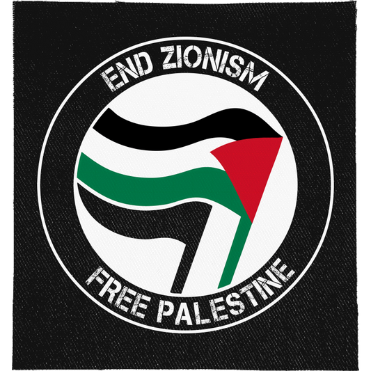 Antifa End Zionism Free Palestine Full Colour Patch: antifa-style roundel with Palestinian flags, reading "END ZIONISM FREE PALESTINE"