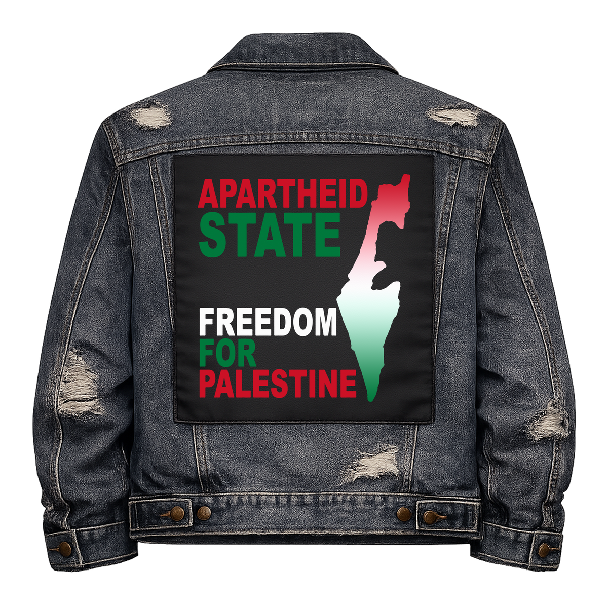 Apartheid State Full Colour Back Patch shown on the back of a distressed denim jacket: map of Palestine in Palestinian flag colours, reading "APARTHEID STATE FREEDOM FOR PALESTINE"