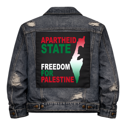 Apartheid State Full Colour Back Patch shown on the back of a distressed denim jacket: map of Palestine in Palestinian flag colours, reading "APARTHEID STATE FREEDOM FOR PALESTINE"