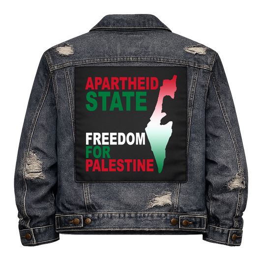 Apartheid State Full Colour Back Patch shown on the back of a distressed denim jacket: map of Palestine in Palestinian flag colours, reading "APARTHEID STATE FREEDOM FOR PALESTINE"