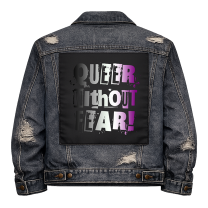 Asexual Queer Without Fear Full Colour Back Patch shown on the back of a distressed denim jacket: ransom-note letters in asexual flag black, grey, white and purple, reading "QUEER WITHOUT FEAR!"