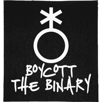 Boycott the Binary Patch: non-binary symbol above hand-drawn lettering, reading "BOYCOTT THE BINARY"