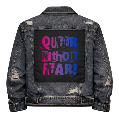Bisexual Queer Without Fear Full Colour Back Patch shown on the back of a distressed denim jacket: ransom-note letters in bisexual flag pink, purple and blue, reading "QUEER WITHOUT FEAR!"