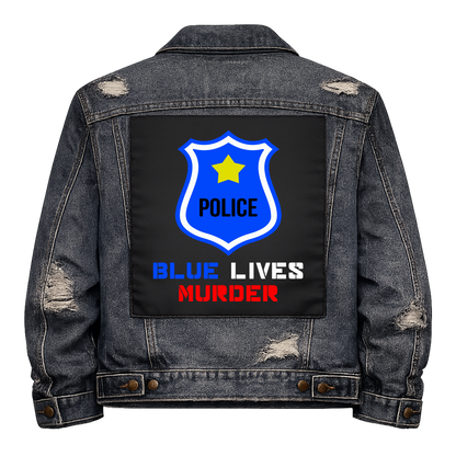 Blue Lives Murder Full Colour Back Patch shown on the back of a distressed denim jacket: blue police shield badge, reading "BLUE LIVES MURDER"