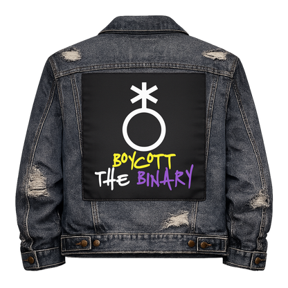 Boycott the Binary Full Colour Back Patch shown on the back of a distressed denim jacket: non-binary symbol above handwritten yellow, white and purple lettering, reading "BOYCOTT THE BINARY"
