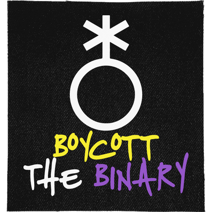 Boycott the Binary Full Colour Patch: non-binary symbol above handwritten yellow, white and purple lettering, reading "BOYCOTT THE BINARY"