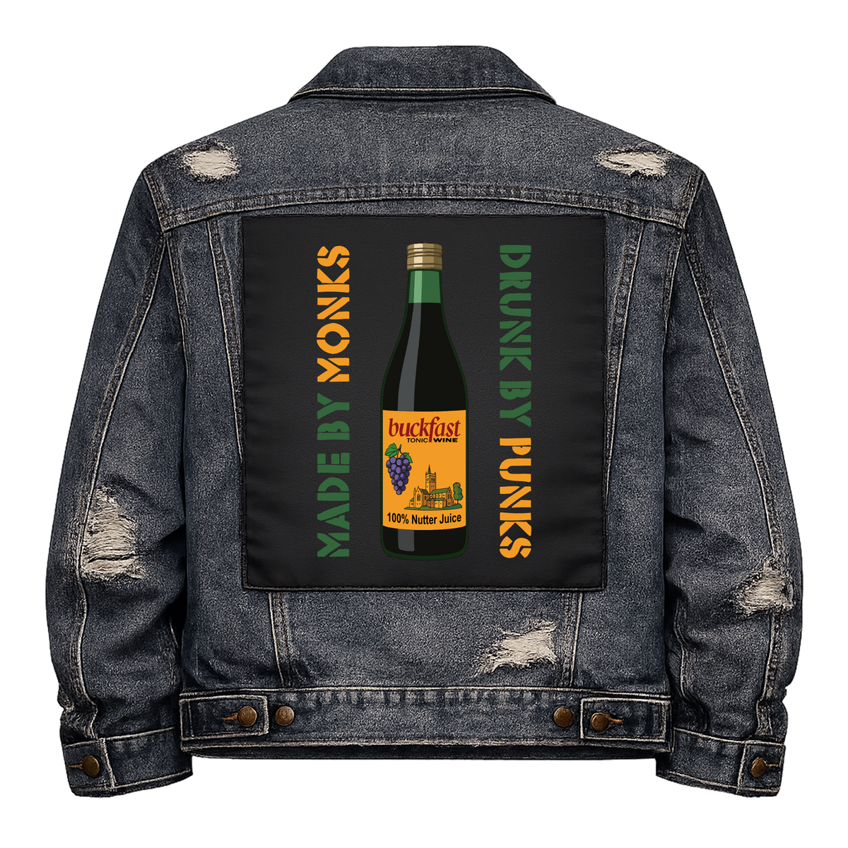 Buckfast Made by Monks Full Colour Back Patch shown on the back of a distressed denim jacket: full colour Buckfast bottle between two lines of stencil lettering, reading "MADE BY MONKS DRUNK BY PUNKS"
