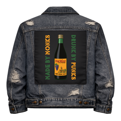 Buckfast Made by Monks Full Colour Back Patch shown on the back of a distressed denim jacket: full colour Buckfast bottle between two lines of stencil lettering, reading "MADE BY MONKS DRUNK BY PUNKS"