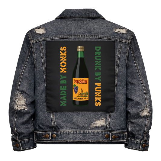 Buckfast Made by Monks Full Colour Back Patch shown on the back of a distressed denim jacket: full colour Buckfast bottle between two lines of stencil lettering, reading "MADE BY MONKS DRUNK BY PUNKS"