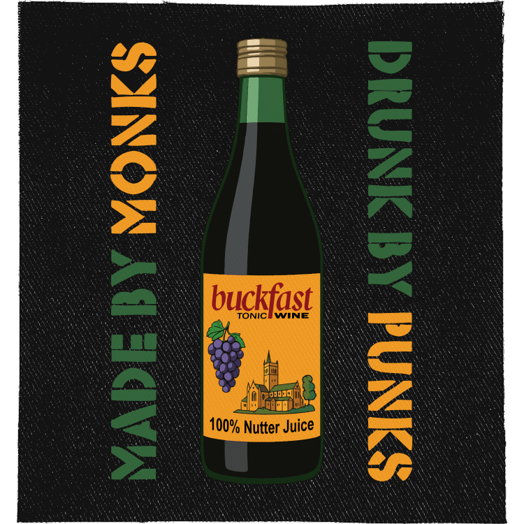 Buckfast Made by Monks Full Colour Patch: full colour Buckfast bottle between two lines of stencil lettering, reading "MADE BY MONKS DRUNK BY PUNKS"