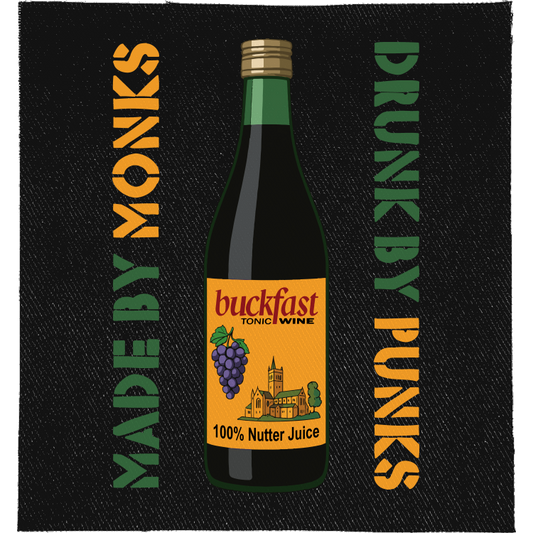 Buckfast Made by Monks Full Colour Patch: full colour Buckfast bottle between two lines of stencil lettering, reading "MADE BY MONKS DRUNK BY PUNKS"