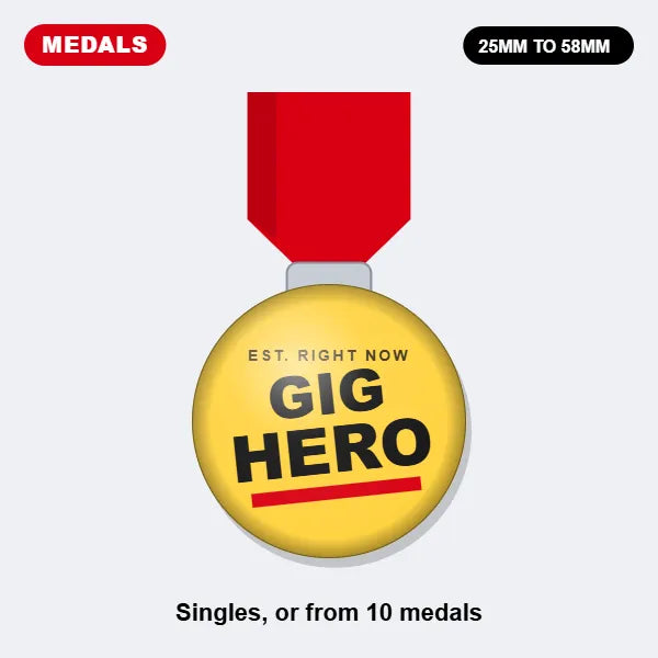 Custom medal on a red ribbon printed with GIG HERO