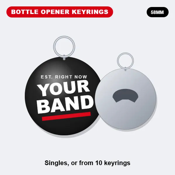 Custom bottle opener keyring with a YOUR BAND design on the front and a bottle opener on the back