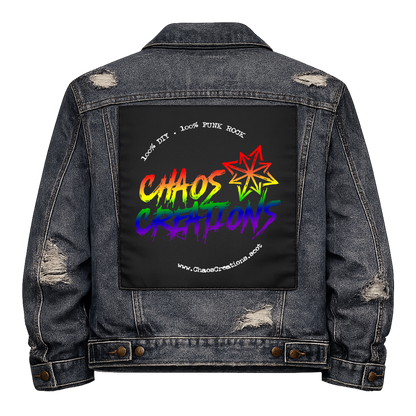 Chaos Creations Full Colour Back Patch shown on the back of a distressed denim jacket: rainbow graffiti lettering with a red star, ringed by small text and the web address, reading "CHAOS CREATIONS"