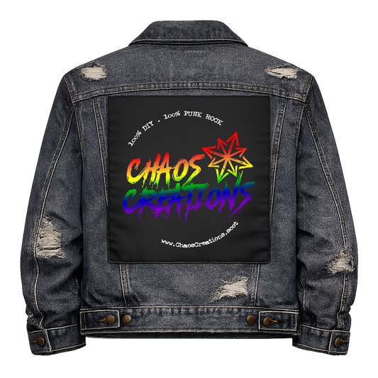 Chaos Creations Full Colour Back Patch shown on the back of a distressed denim jacket: rainbow graffiti lettering with a red star, ringed by small text and the web address, reading "CHAOS CREATIONS"