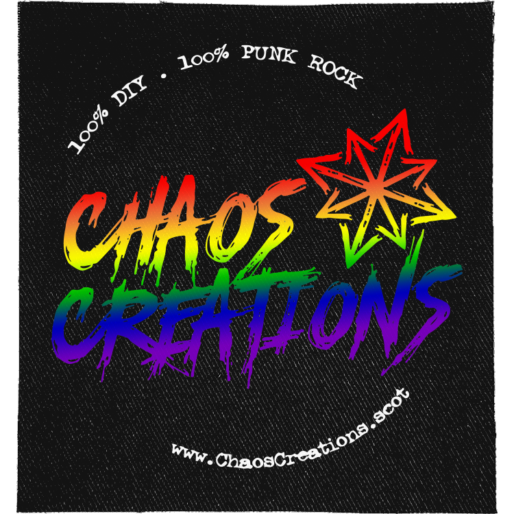 Chaos Creations Full Colour Patch: rainbow graffiti lettering with a red star, ringed by small text and the web address, reading "CHAOS CREATIONS"