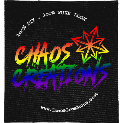 Chaos Creations Full Colour Patch: rainbow graffiti lettering with a red star, ringed by small text and the web address, reading "CHAOS CREATIONS"