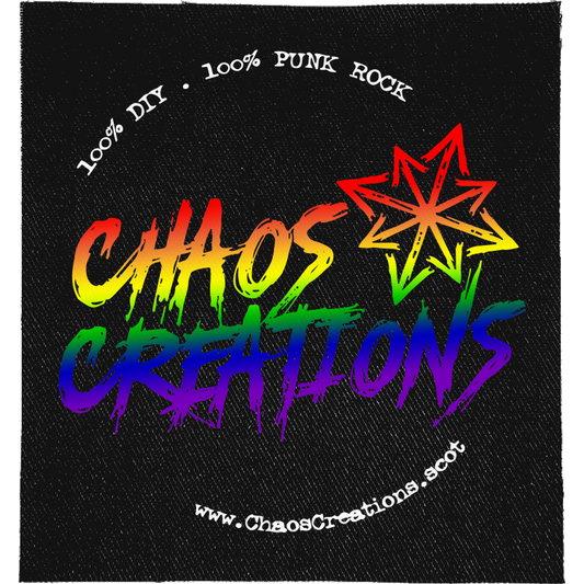 Chaos Creations Full Colour Patch: rainbow graffiti lettering with a red star, ringed by small text and the web address, reading "CHAOS CREATIONS"