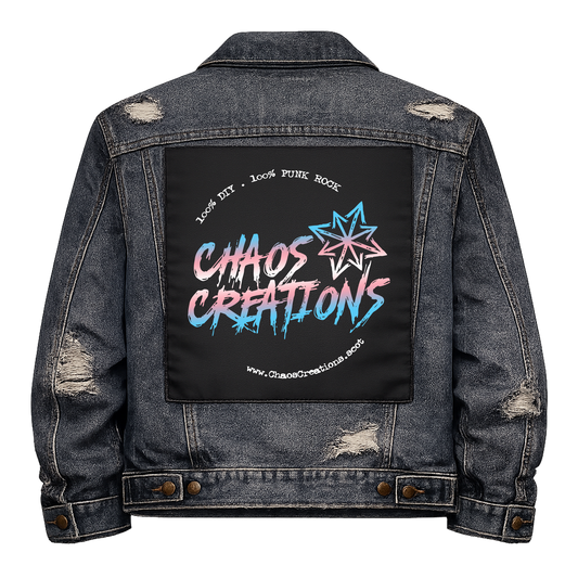 Chaos Creations Trans Full Colour Back Patch shown on the back of a distressed denim jacket: brush lettering in trans flag blue and pink with a star, ringed by small text, reading "CHAOS CREATIONS"