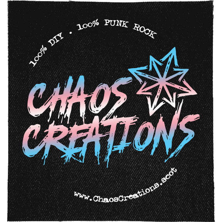 Chaos Creations Trans Full Colour Patch: brush lettering in trans flag blue and pink with a star, ringed by small text, reading "CHAOS CREATIONS"