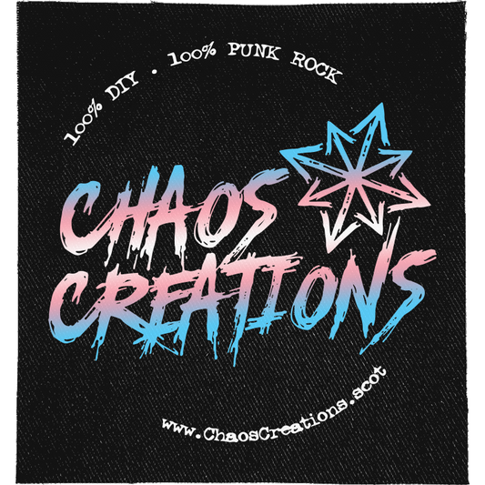 Chaos Creations Trans Full Colour Patch: brush lettering in trans flag blue and pink with a star, ringed by small text, reading "CHAOS CREATIONS"