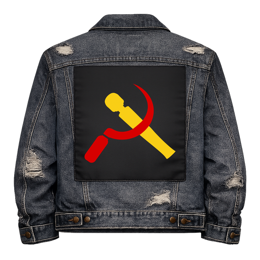 Cummunist Full Colour Back Patch shown on the back of a distressed denim jacket: hammer and sickle with a wand vibrator in place of the hammer