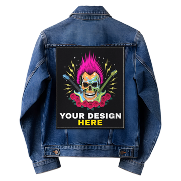 One-off custom back patch, black, printed with a mohawk skull, guitars, roses and YOUR DESIGN HERE, stitched round its edge across the upper back of a blue denim jacket just below the yoke