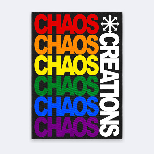 Black custom one-off back patch, 30 x 42cm, printed in full colour with a Chaos Creations logo