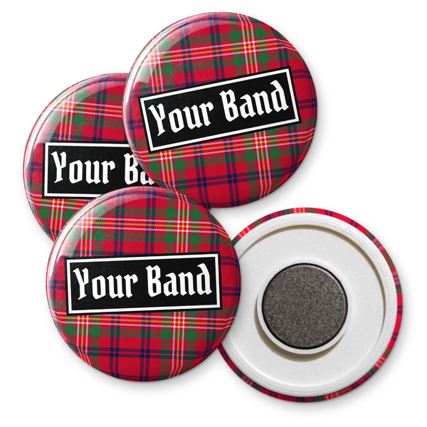 Three custom badge magnets printed with Your Band on red tartan, with the white plastic back and round 25mm magnet shown